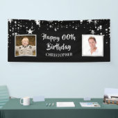 Happy Birthday Black Silver Brush Script Foto Banner (Messe)