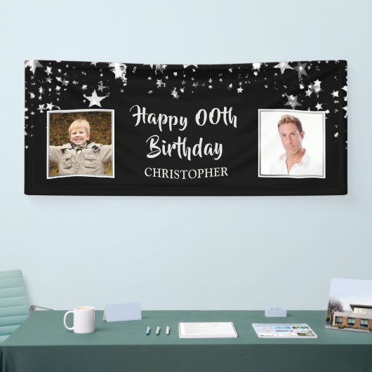 Happy Birthday Black Silver Brush Script Foto Banner (Messe)