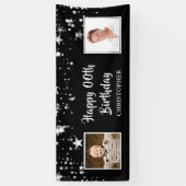 Happy Birthday Black Silver Brush Script Foto Banner (Vertikal)