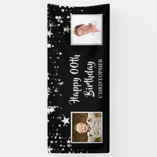 Happy Birthday Black Silver Brush Script Foto Banner (Vertikal)