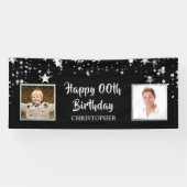 Happy Birthday Black Silver Brush Script Foto Banner (Horizontal)