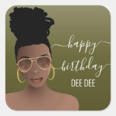 Happy Birthday Black Woman Gold Shades Olive Green Quadratischer Aufkleber (Vorderseite)
