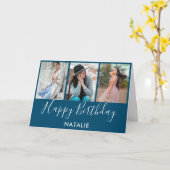 Happy Birthday Blau und Weiß 3 Foto Collage Karte (Gelbe Blume)
