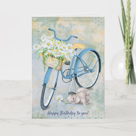 Happy Birthday Blue Bike mit Katze und daisy Karte (Vorderseite)
