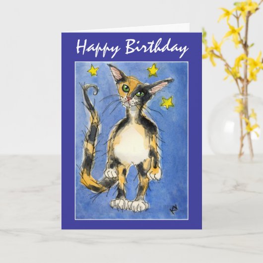 Happy Birthday Blue Cat Grußkarte Karte (Gelbe Blume)