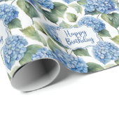 Happy Birthday Blue Hydrangea Blume Aquarell Geschenkpapier (Rolleneckpunkt)