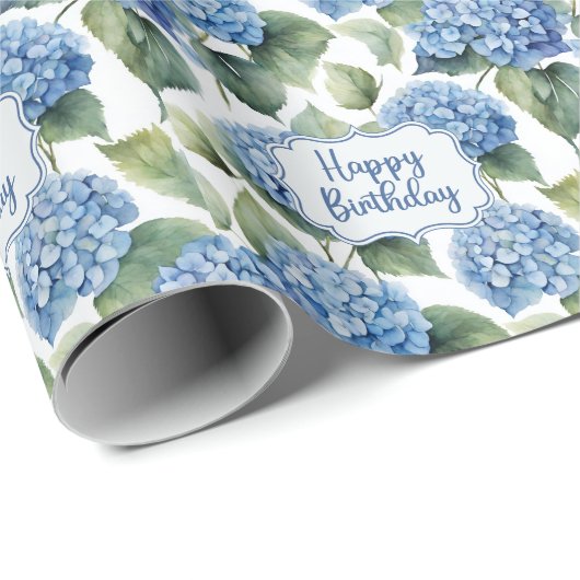 Happy Birthday Blue Hydrangea Blume Aquarell Geschenkpapier (Rolleneckpunkt)