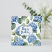 Happy Birthday Blue Hydrangea Blume Aquarell Karte (Stehend Vorderseite)