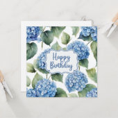 Happy Birthday Blue Hydrangea Blume Aquarell Karte (Vorderseite/Rückseite Beispiel)