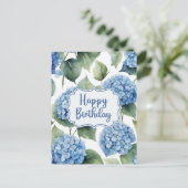 Happy Birthday Blue Hydrangea Blume Aquarell Postkarte (Stehend Vorderseite)