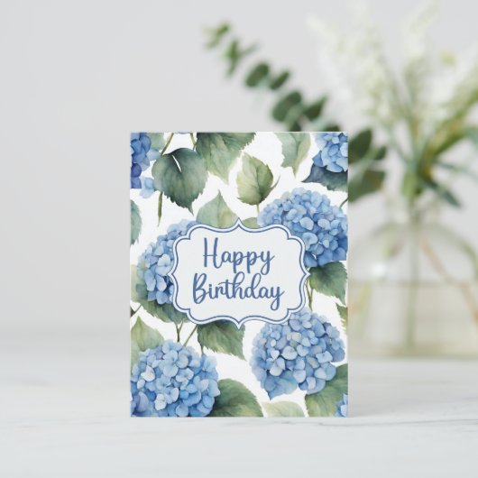 Happy Birthday Blue Hydrangea Blume Aquarell Postkarte (Stehend Vorderseite)