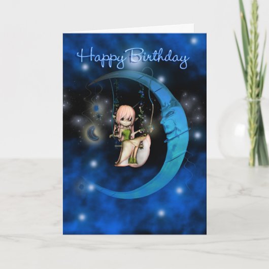 Happy Birthday Blue Moon Fairy Sterne und Himmel Karte (Vorderseite)