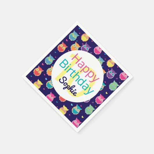 Happy Birthday Blue Owl Muster Personalisiert Kids Serviette (Ecke)