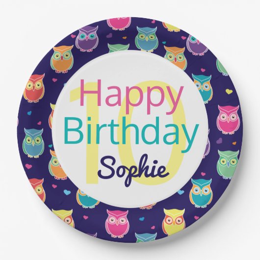 Happy Birthday Blue Owl Muster Personalisierten Ki Pappteller (Vorderseite)