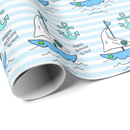 Happy Birthday Blue Sailboat Geschenkpapier (Rolleneckpunkt)