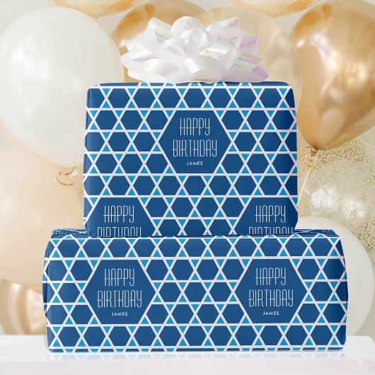 Happy Birthday Blue Star Muster Personalisiert Geschenkpapier