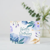 Happy Birthday Blue und Lila Aquarellfarben Blume Postkarte (Stehend Vorderseite)