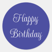 Happy Birthday Blue und White Elegante Script Runder Aufkleber (Vorderseite)
