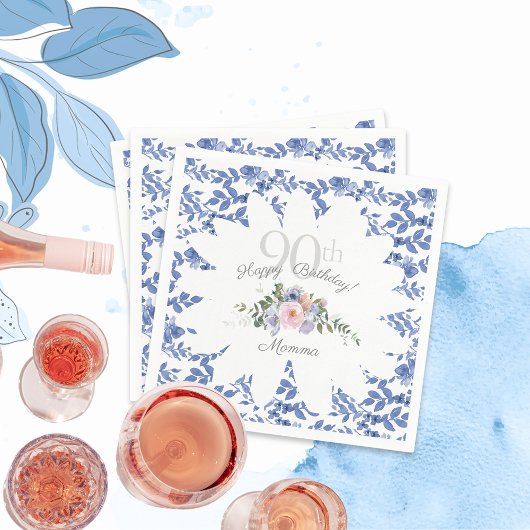 Happy Birthday Blue White Florals Napkins Serviette