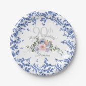 Happy Birthday Blue White Florals Paper Plate Pappteller (Vorderseite)