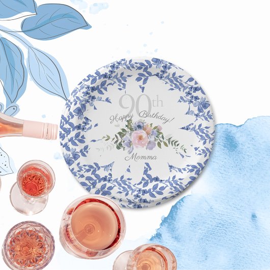 Happy Birthday Blue White Florals Paper Plate Pappteller