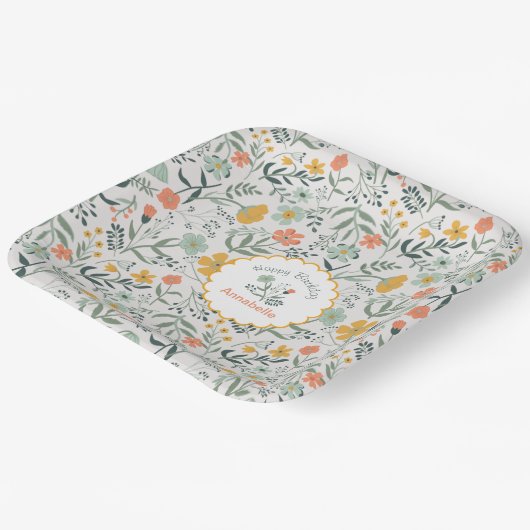 Happy Birthday Blue Yellow Blumen Name Pappteller (Gewinkelt)