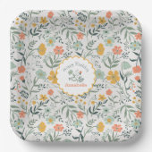 Happy Birthday Blue Yellow Blumen Name Pappteller (Vorderseite)