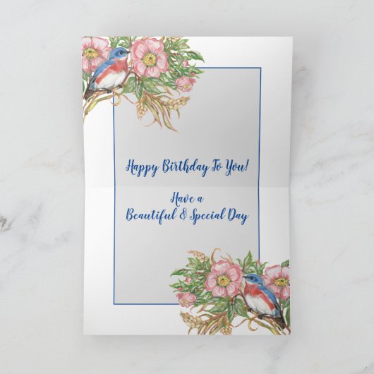 Happy Birthday Bluebird Wasserfarbe Rose Floral Karte (Innenseite)