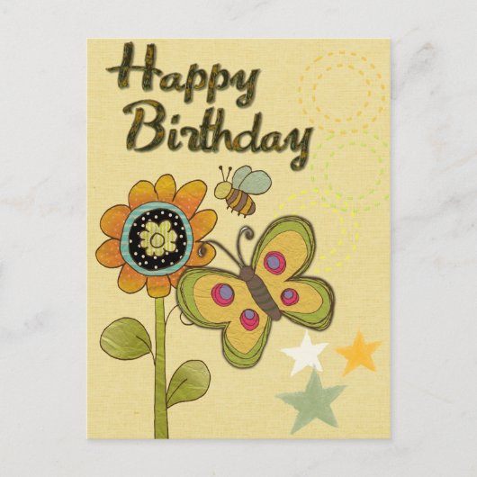 Happy Birthday Blume Butterfly Biene Nature Postkarte (Vorderseite)