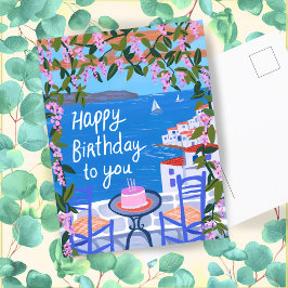 HAPPY BIRTHDAY Blume Terrasse Griechische Insel Postkarte