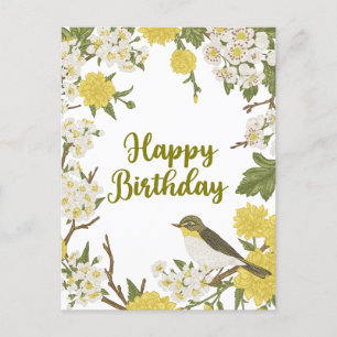 Happy Birthday Blume und Vögel Natur botanisch Postkarte