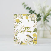 Happy Birthday Blume und Vögel Natur botanisch Postkarte (Stehend Vorderseite)