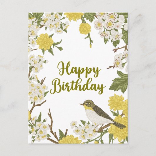 Happy Birthday Blume und Vögel Natur botanisch Postkarte (Vorderseite)