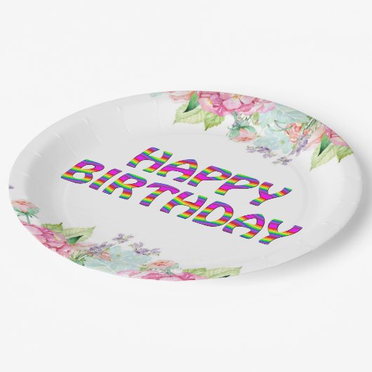 Happy Birthday Blumendesign Pappteller (Schrägansicht)