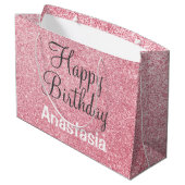 Happy Birthday Blush Pink Rose Gold Glitzer Name Große Geschenktüte (Rückseite Schrägansicht)