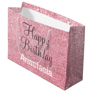 Happy Birthday Blush Pink Rose Gold Glitzer Name Große Geschenktüte