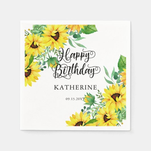 Happy Birthday Boho Sunflowers | Eukalyptus Serviette (Vorderseite)