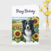 Happy Birthday Border Collie Karte (Gelbe Blume)