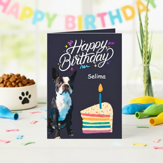 Happy Birthday Boston Terrier and Cake Card Karte