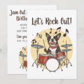 Happy Birthday Boston Terrier Dog Playing Drums Einladung (Vorne/Hinten)