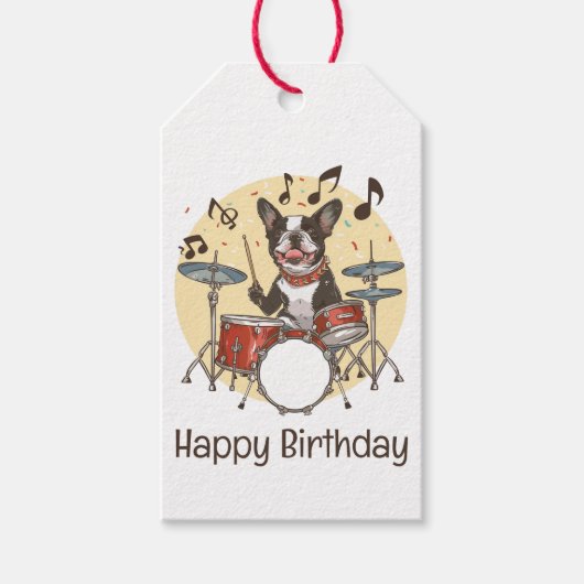 Happy Birthday Boston Terrier Dog Playing Drums Geschenkanhänger (Vorderseite)