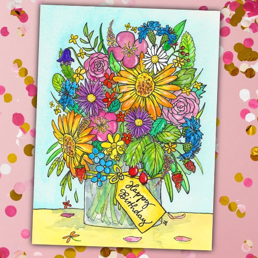 Happy Birthday Bouquet Postcard von N. Janes Postkarte