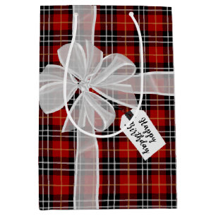 Happy Birthday Bow auf Tartan Kariert Mittlere Geschenktüte