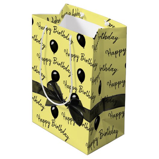 Happy Birthday Bow und Black Balloons Mittlere Geschenktüte (Rückseite Schrägansicht)