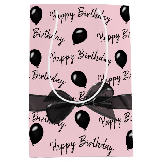 Happy Birthday Bow und Black Balloons Mittlere Geschenktüte (Vorderseite)