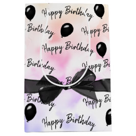 Happy Birthday Bow und Black Balloons Mittlere Geschenktüte