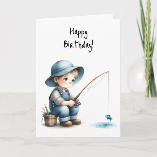 Happy Birthday Boy Fishing Pond Blue Hat Overalls Karte (Vorderseite)