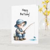 Happy Birthday Boy Fishing Pond Blue Hat Overalls Karte (Gelbe Blume)