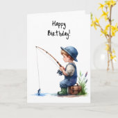 Happy Birthday Boy Fishing Pond Overalls Blue Hat Karte (Gelbe Blume)
