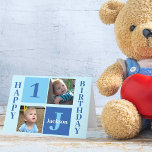 Happy Birthday Boy Niedlich Custom Blue Kids Karte<br><div class="desc">Coole Geburtstagskarte für einen kleinen Jungen oder Kleinkind mit 2 Foto quadratischer Happy Geburtstagskarte. Feiern Sie den Geburtstag Ihres Kindes mit niedlichen Fotografien von ihnen auf diesem fügen Sie Ihre eigene Fotopostkarte mit bezaubernden blauen Quadraten. Geben Sie ihren Namen und ihr Alter ein.</div>